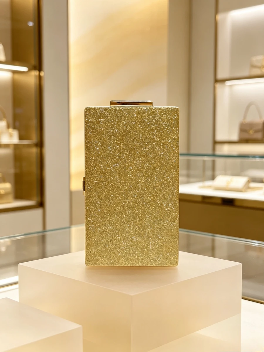 Solid Gold Fine Glitter Vertical Square Metal Lock Clutch Luxury Minimalist Evening Purse Mature Women Wedding Banquet Versatile