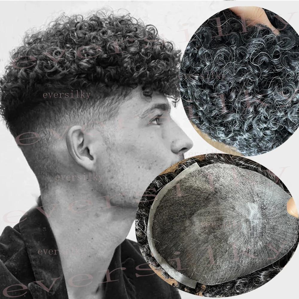 Peruca Afro Encaracolada com Base de PU para Homem, 100% Cabelo Humano, Pele Invisível, Toupee Super Durável, Preto, Loiro, Marrom, Prótese de