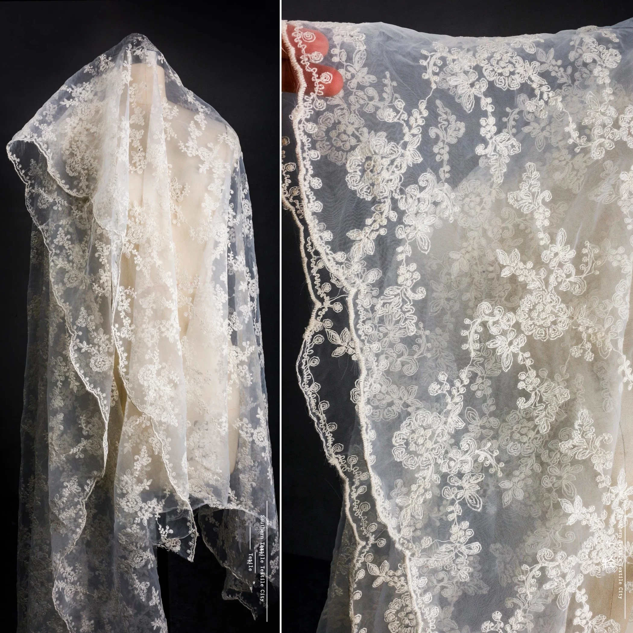 Beige white embroidery pattern mesh lace jacquard creative DIY semi-transparent wedding dress skirt designer fabric