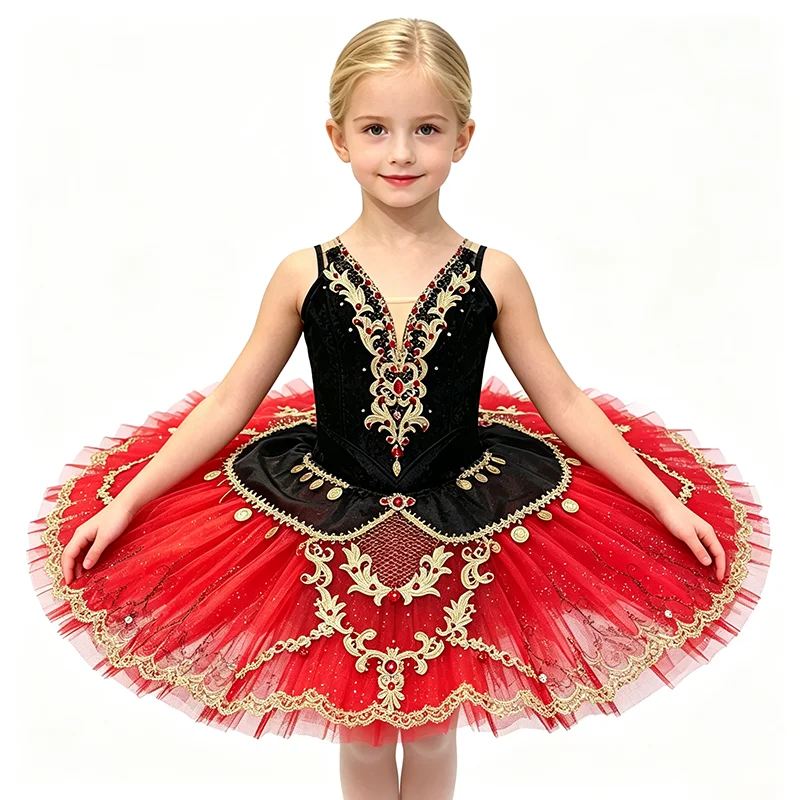 Women pointed V neck ballet tutu performance dress red gold rhinestone symmetrical vintage scroll embroidery red black contrast