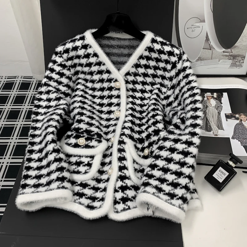 

Vintage Women Houndstooth Pattern Mohair Cardigan Coat Soft Warm One Breasted O-Neck Sweaters Casual Versatile Outwear Jacket