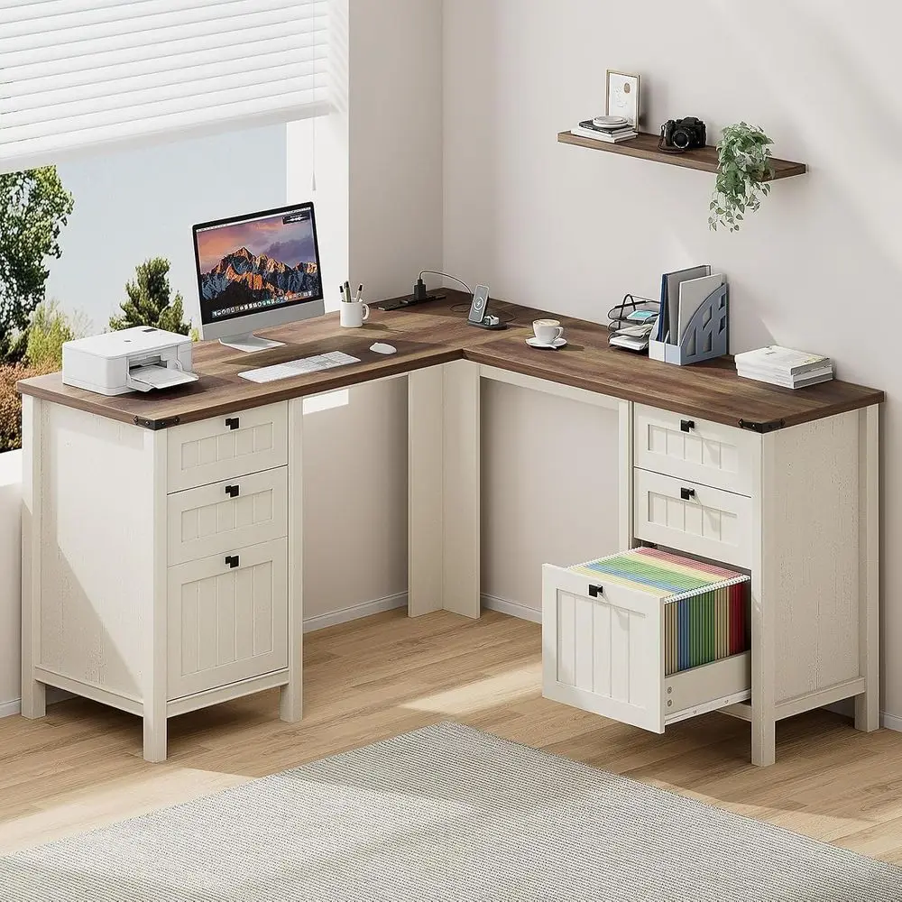 L-Shaped 57 Executive Desk with Power Outlets, Antique White Wood Home Office Desk featuring Side Storage and File Drawer