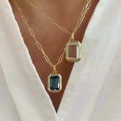 Geometric Square Multicolour Crystal Pendant Necklace for Women Gold Plated Link Chain Clear CZ Stone Neckalces Collar Jewelry
