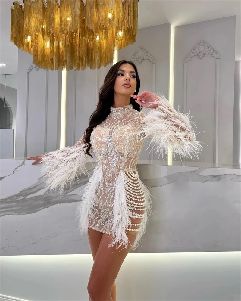 Luxury Exquisite Beading Sequins Feathers Sleeve White Mini Evening Dress Woman Birthday Party Dress Performances Costume