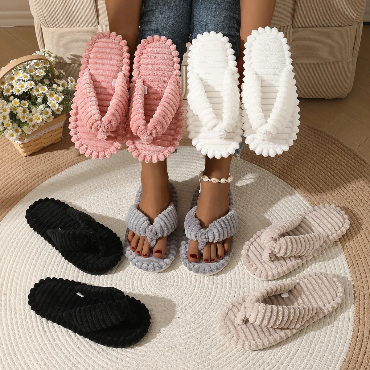 Damen-Hausschuhe, modische Cord-Flip-Flops für Damen, Sandalen, Winter, warme Plüsch-Slipper, für den Innenbereich, flache, weiche Sohle, Damenschuhe – Detail 1