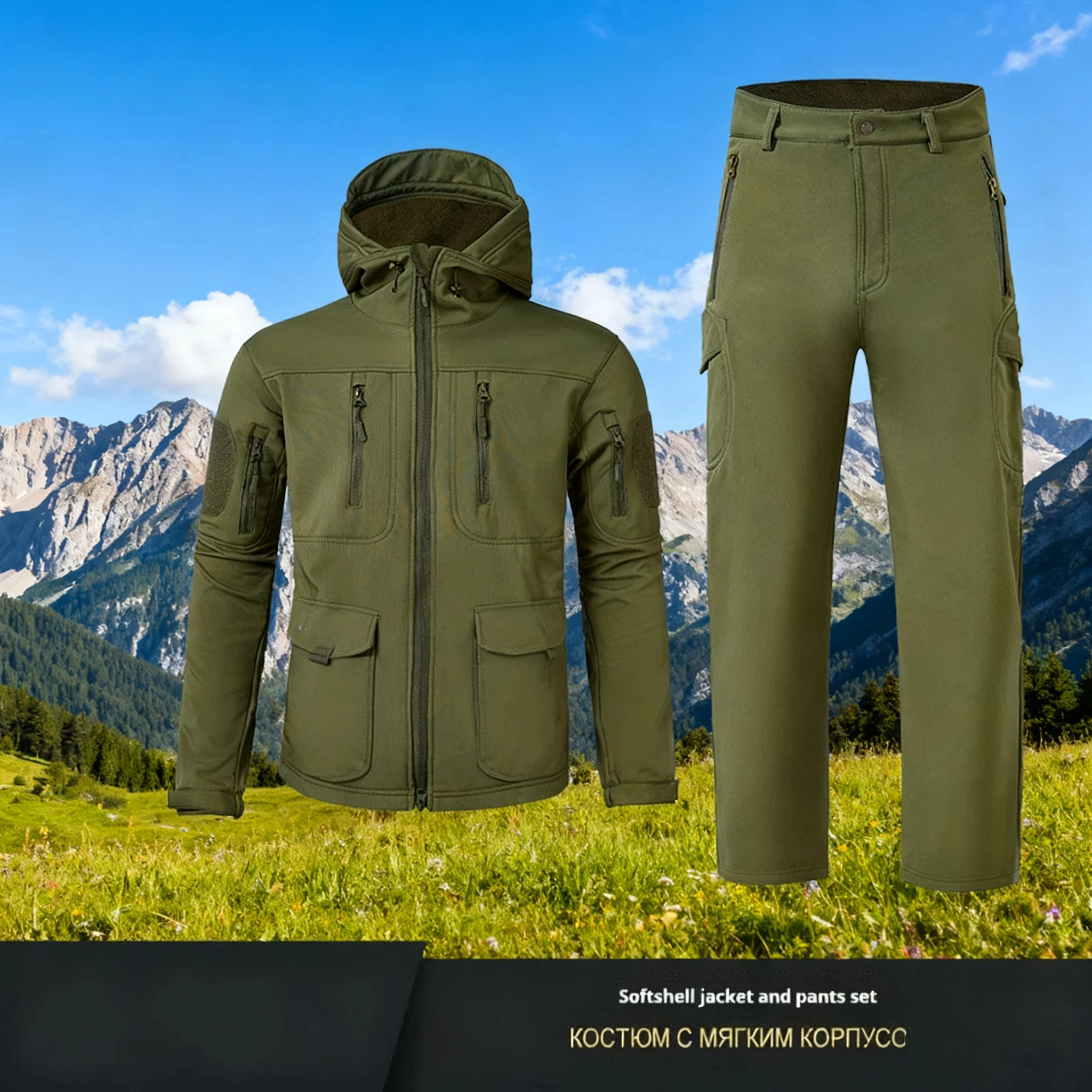 

Autumn and winter camouflage soft shell assault suit hooded casual jacket set tactical training suit winter men's set men's set