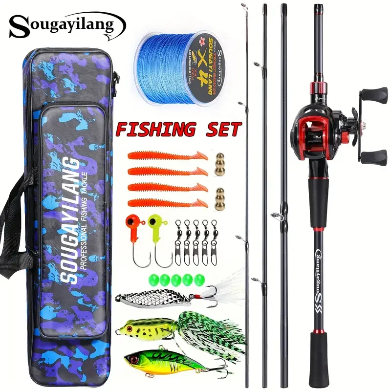 Sougayilang Baitcasting Fishing Combo 4 Section Carbon Fiber Rod 7.2:1 Magnetic Brake Fishing Reel With Line Bag Accessories