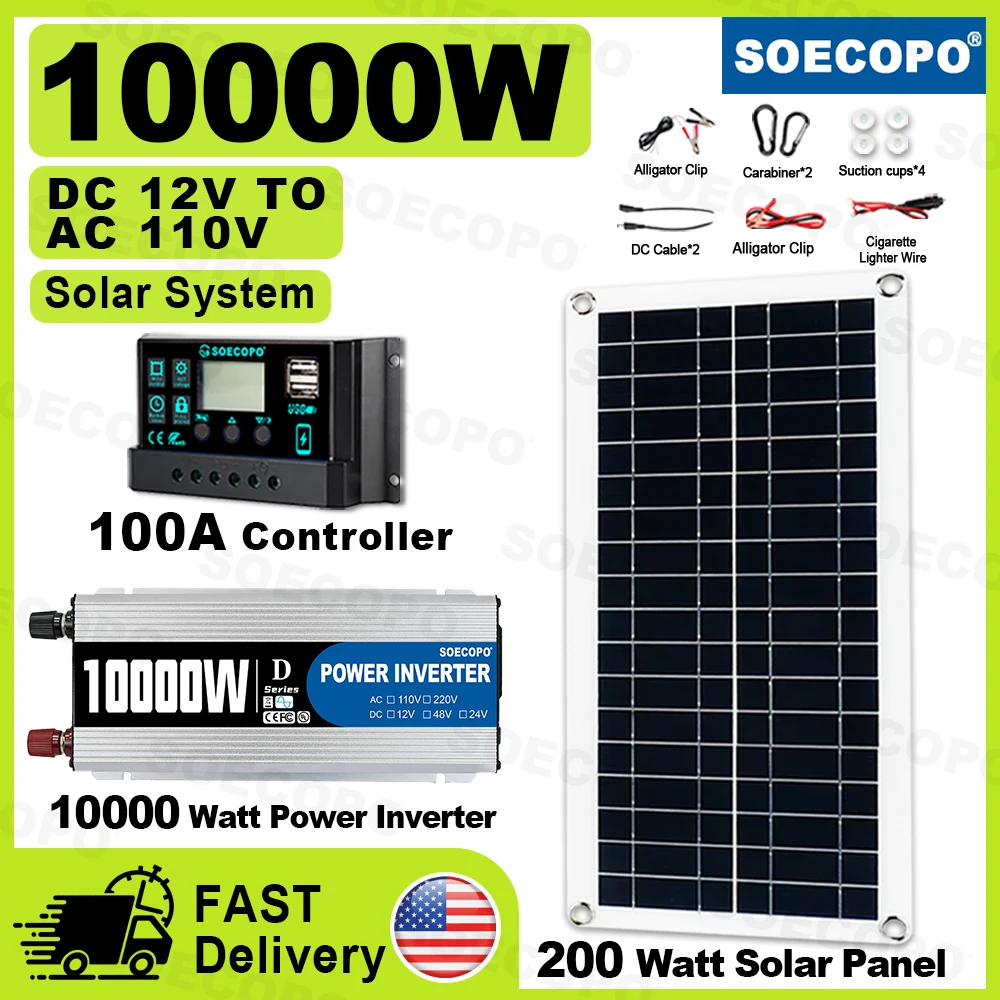 

(U.S Stock 2-8 DAYS)SOECOPO 10000W Protable Solar System Kit DC 12V To AC 110V Inverter 100A Controller 200W Panel Home Camping