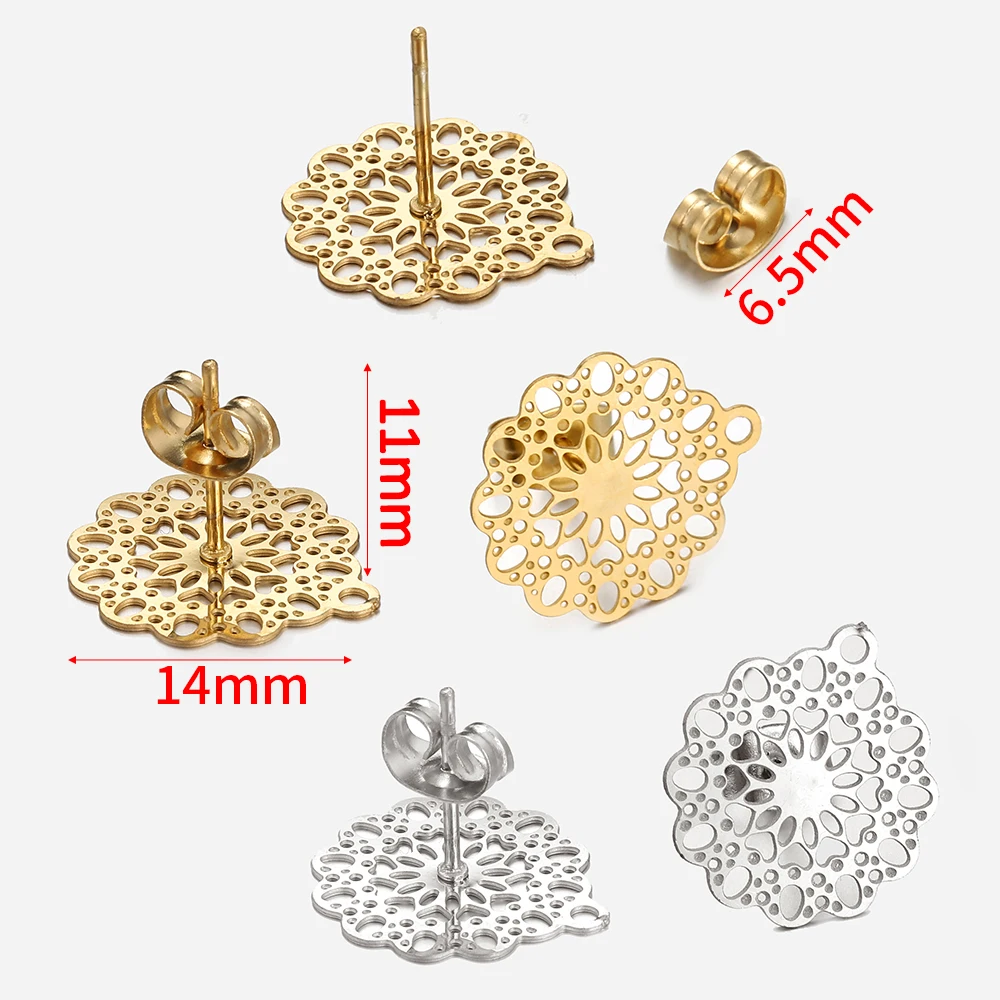 10pcs Stainless Steel Flower Ear Studs Hollowed Out Earring Base with Earplug for Earrings Jewelry Making DIY Findings Accessory