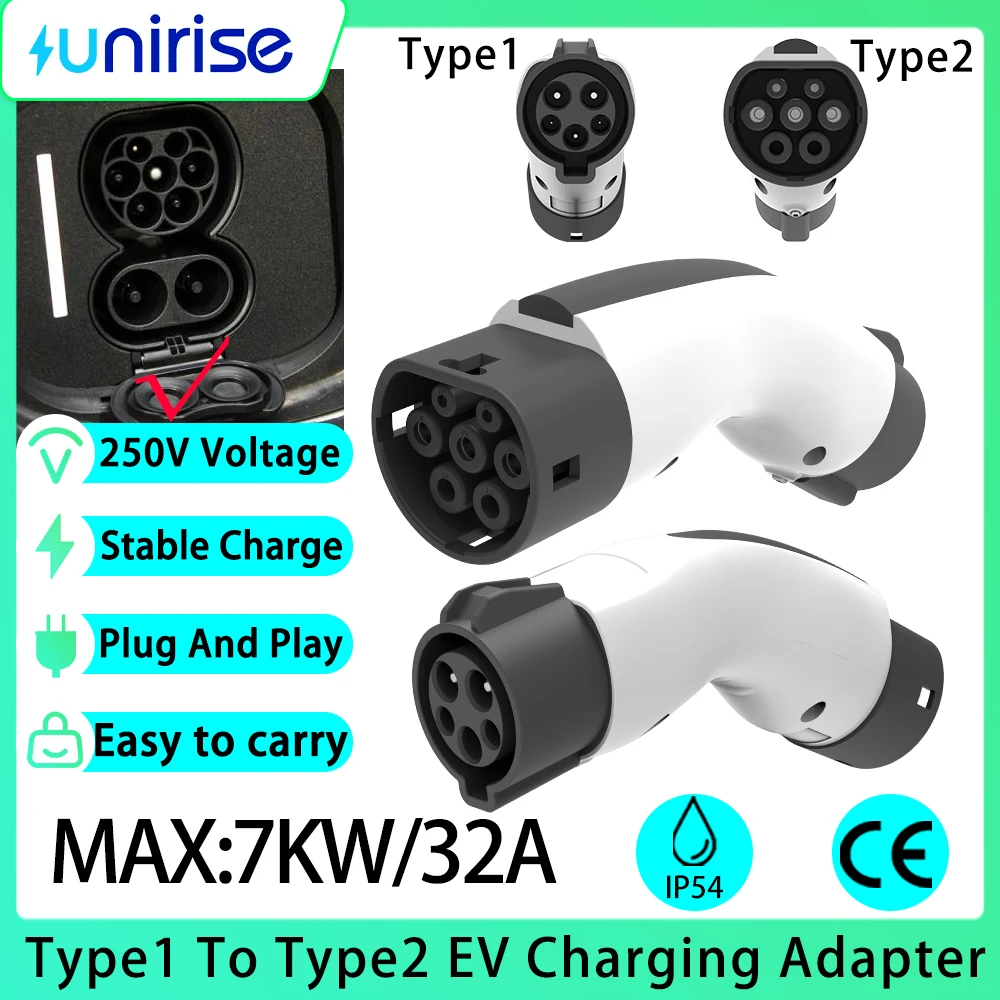 

Адаптер Unirise Type1 на Type2 для зарядки электромобилей, конвертер 32А 7кВт 250В, зарядное устройство переменного тока SAE J1772 на розетку IEC 62196 Type2 для электромобилей