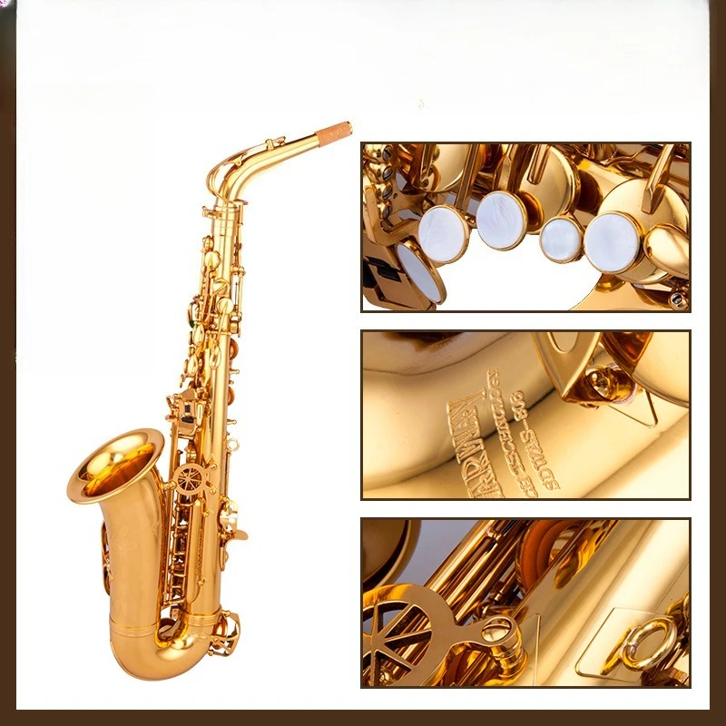 with a baritone-toned E-flat saxophone, a lacquered hand-carved brass saxophone with brass performance-grade bronze performance
