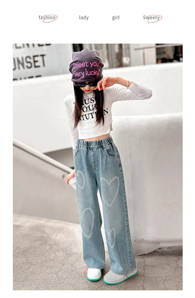 Hochwertige Jeans für große Mädchen mit Herzmuster, Neuheit 2024, Frühjahr/Herbst, modische weite Hosen, lockere Schulhosen für Kinder – Detail 7