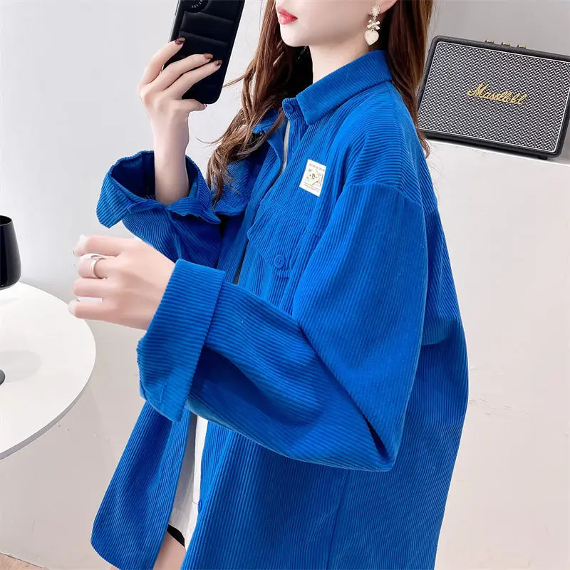 2025 printemps/automne femmes chemise coréenne solide revers fosse rayure Vintage velours côtelé chemise Femme mode Simple ample Harajuku hauts