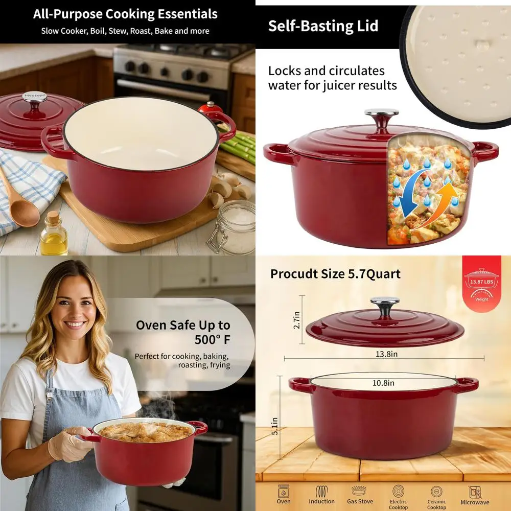 

5.7 Quart Enamel Cast Iron Dutch Oven with Lid, Ideal for Bread Baking, Oven Safe to 500°F, Perfect for Braising, Roasting, and