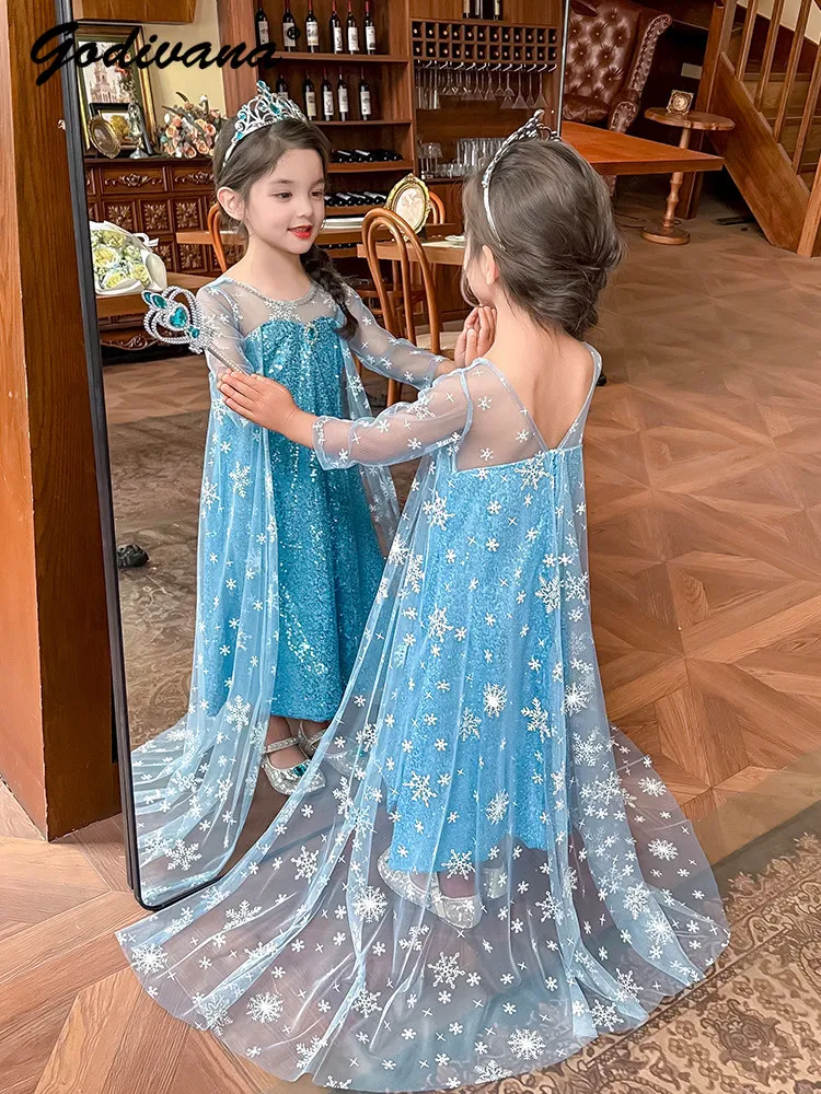 High-end Luxury Baby Girls Sweet Princess Mesh Dress 2026 Summer New Kids Sequin Mid-sleeved Birthday Performance Maxi Gown