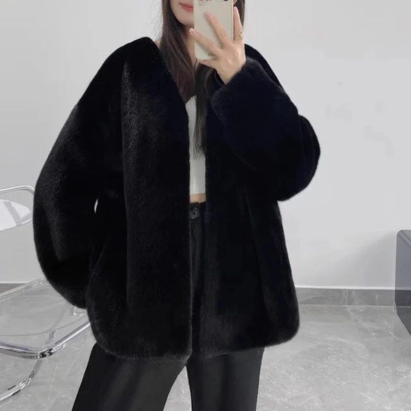 Faux Fur Coats Women V Neck Short Coat Thick Warm Jackets Y2k Streetwear Elegant Work Open Stitch Outerwear Autumn Winter Jacket