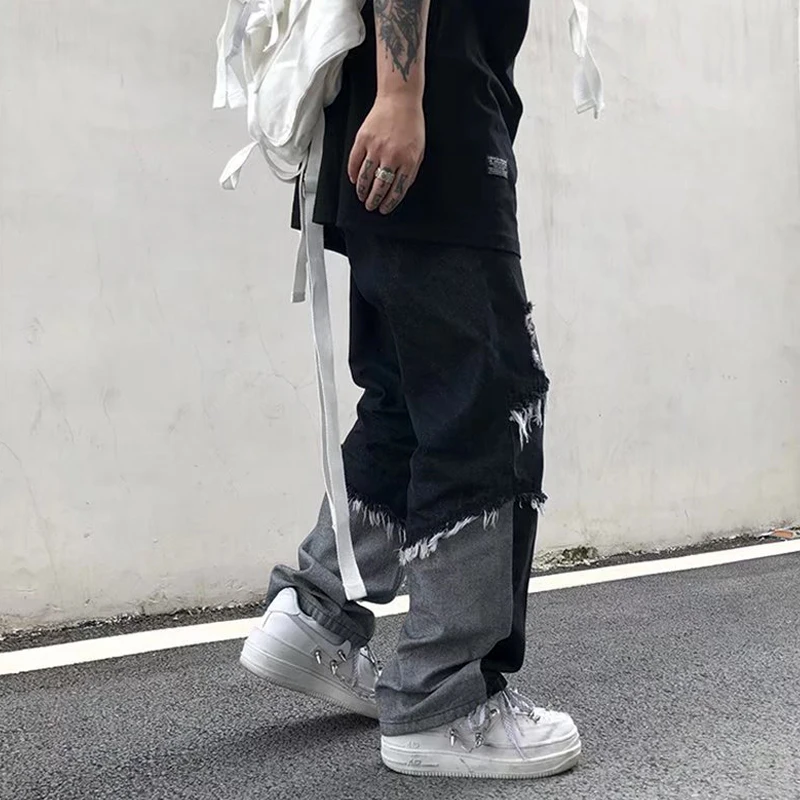 Korean Fashion Ripped Jeans Pants Men Broken Holes Trousers Casual Soft Stylish Regular Baggy Straight Denim Trousers