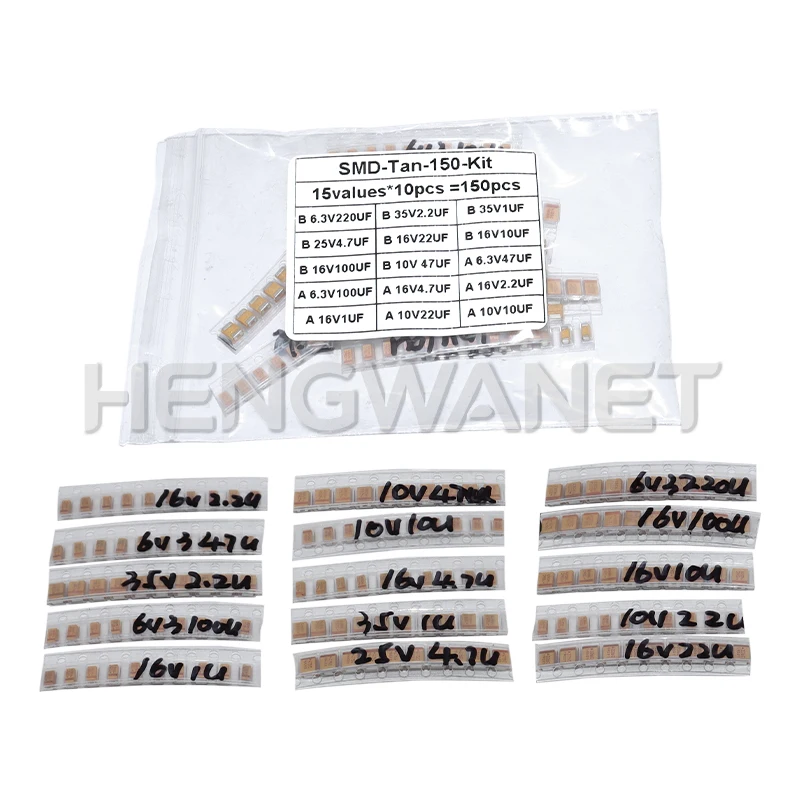 150PCS SMD Tantalum Capacitor Assortment Kit 1uf-220uf A/B Case Tantalum Capacitors Set 1UF 2.2UF 4.7UF 10UF 47UF Capacitors