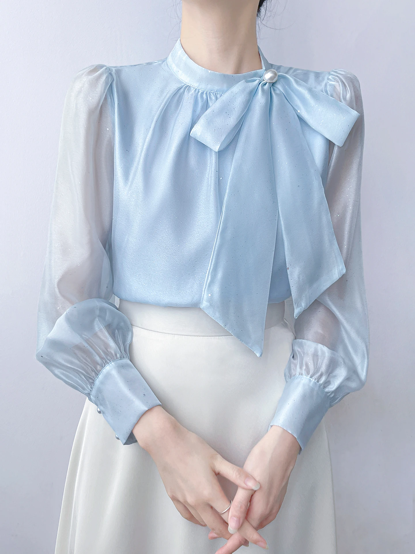 

Gentle Breeze Dry Starlight Blue irt Women's Bubble Sve Knot Chiffon Top Korean Sle Loose Fit Polyester F...