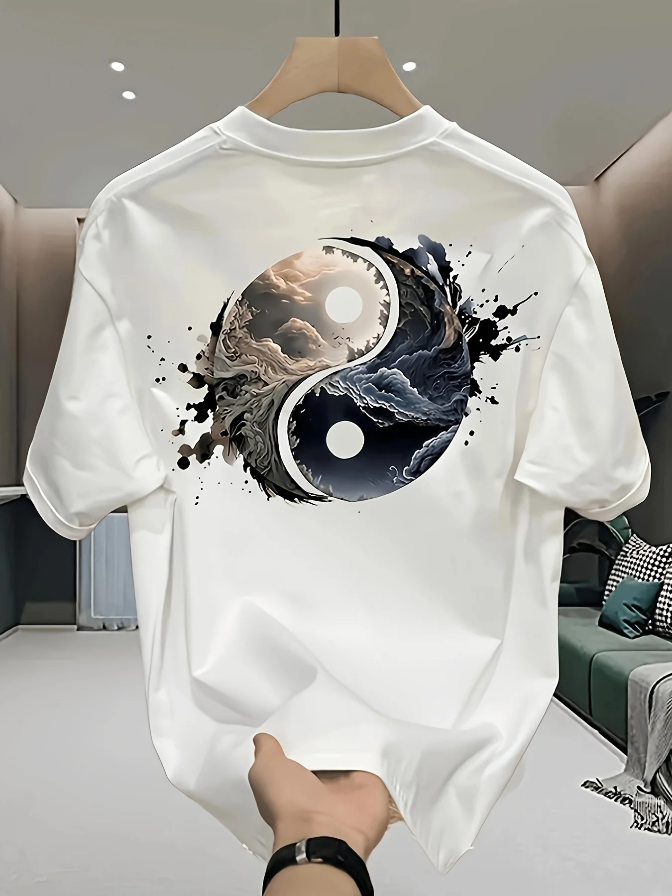 T-shirt surdimensionné pour hommes avec symbole Tai Chi Oriental Montagne Mer, 100% coton, coupe ample, manches courtes, tendance culturelle, été