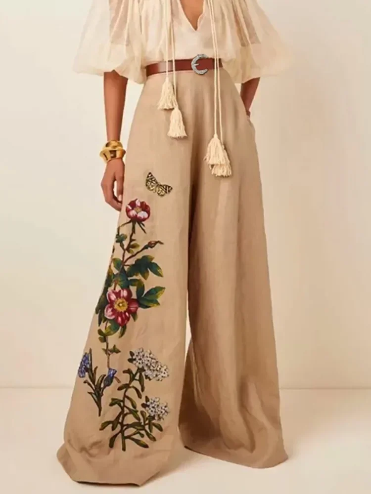 Bohohipei Female Vintage Floral Printed Wide Leg Pants 2024 New Autumn Elasticity High Waisted Loose Elegant Trousers With Belt