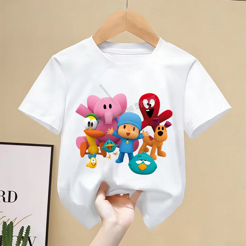 

Pocoyos T-shirt Children Kawaii Cartoon Tee Top White Round Collar Clothing New Boys Girls Summer Short Sleeve Kids Clothes Gift