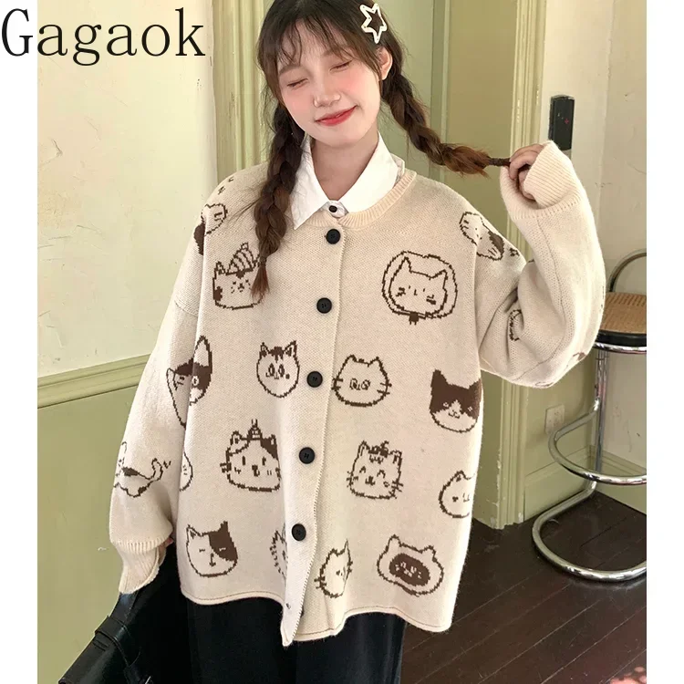 Gagaok Cardigans Sweater Women Korean Fashion Preppy Style Cat Jacquard Knitted Cardigan Outwear Gentle Coats Top Autumn