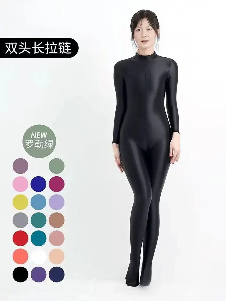 

DROZENO Beauty Stretch Gloss Body Building Sports Tights Long Zipper Long Sleeve Jumper Glossy Fitness Leggings for Women