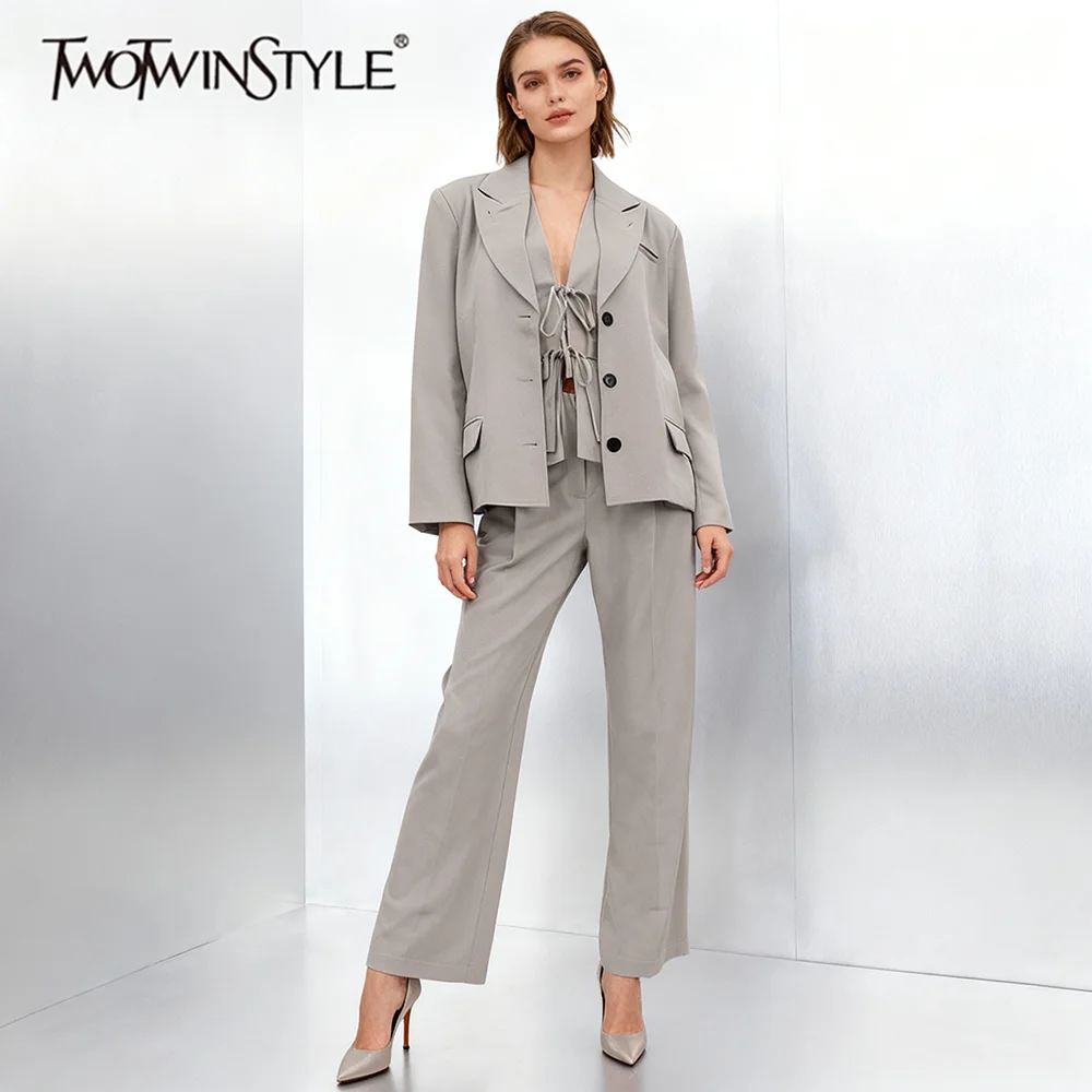 

TWOTWINSTYLE Loose Casual Three Piece Sets for Women Lapel Long Sleeves Blazer Spliced Lace Up Vest High Waist Pant Set Female