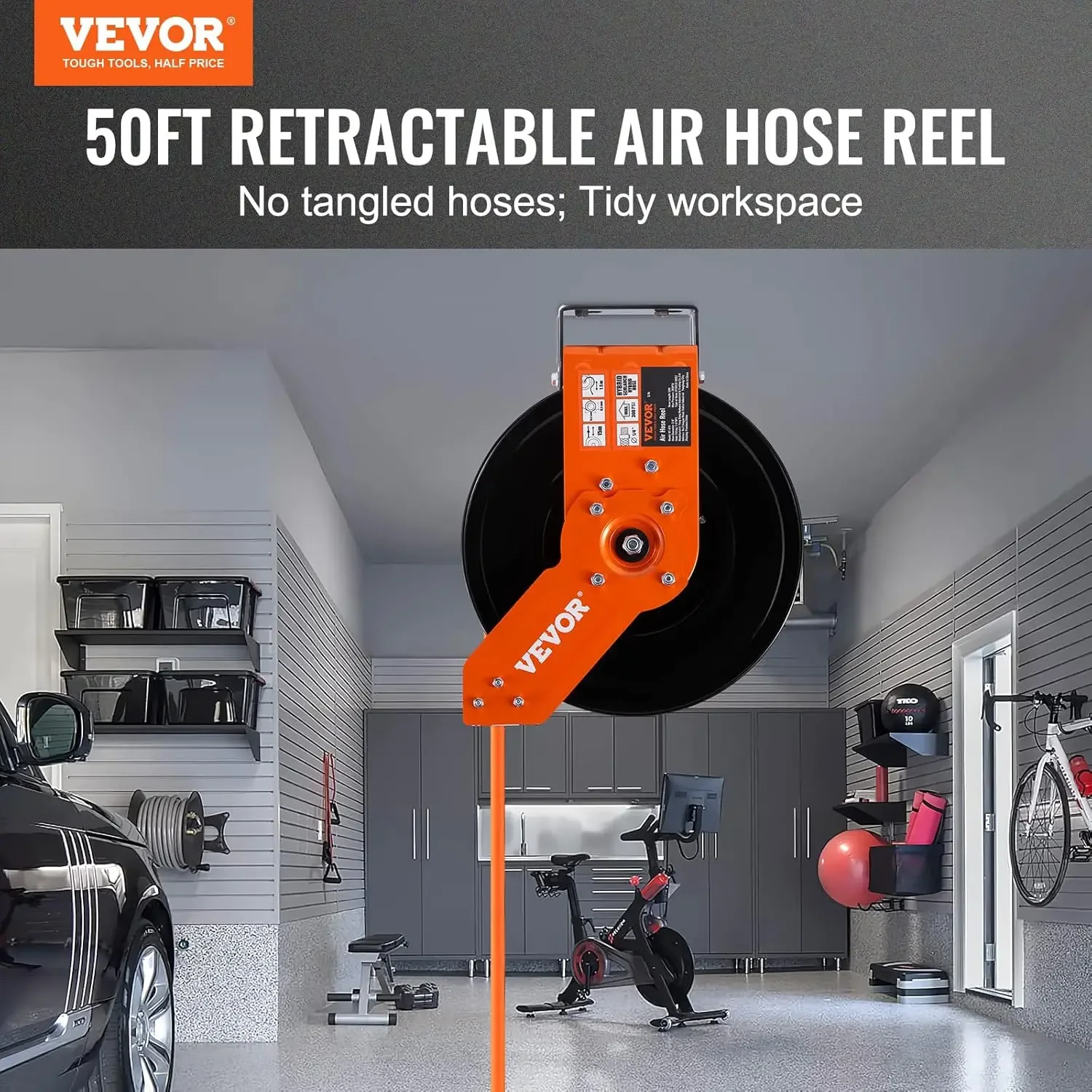 Retractable Air Hose Reel, 3/8 IN x 50 FT Hybrid Air Hose Max 300PSI, Air Compressor Hose Reel with 5 ft Lead in, Ceiling