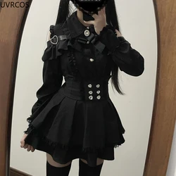 2024 Japanese Black Short Skirt Set Gothic Ruffle Mini Skirts Sexy Lace Off Shoulder Lolita Shirt Gown Faldas Y2k Aesthetic Suit