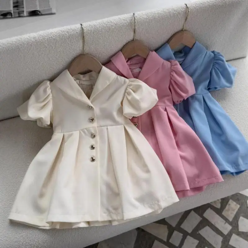 2026 Summer New Children Dress Solid Girls French Jk Temperament Dress Cotton Toddler Short Sleeve Lapel Cardigan Princess Dress