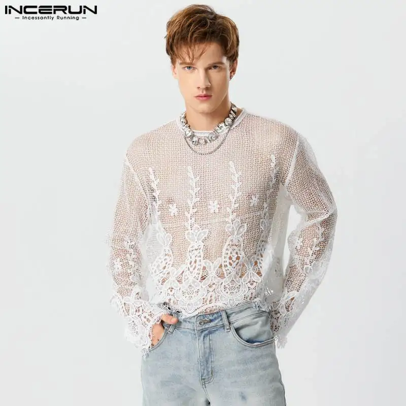 Fashion Casual Style Tops INCERUN 2024 Men Lace Printing Tassel Hollow Shirts Party Show Hot Sale Long Sleeved Thin Blouse S-5XL