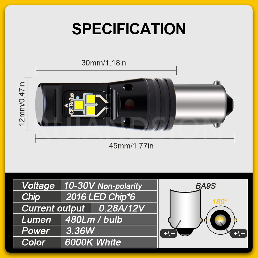 0.36A High Power Canbus Error Free BA9S T4W BAX9S H6W BAY9S H21W LED Reverse Parking Side License Plate Lights White AC 12-24V