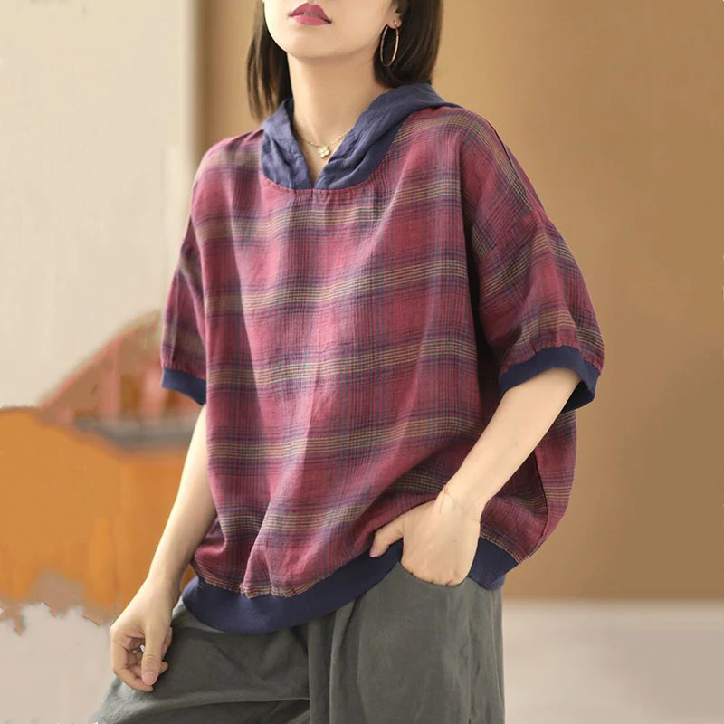 Summer Ethnic Style Vintage Plaid Printing Loose Casual Fashion Hooded T-shirt Women's Short Sleeve Pullover Top Female Clothes