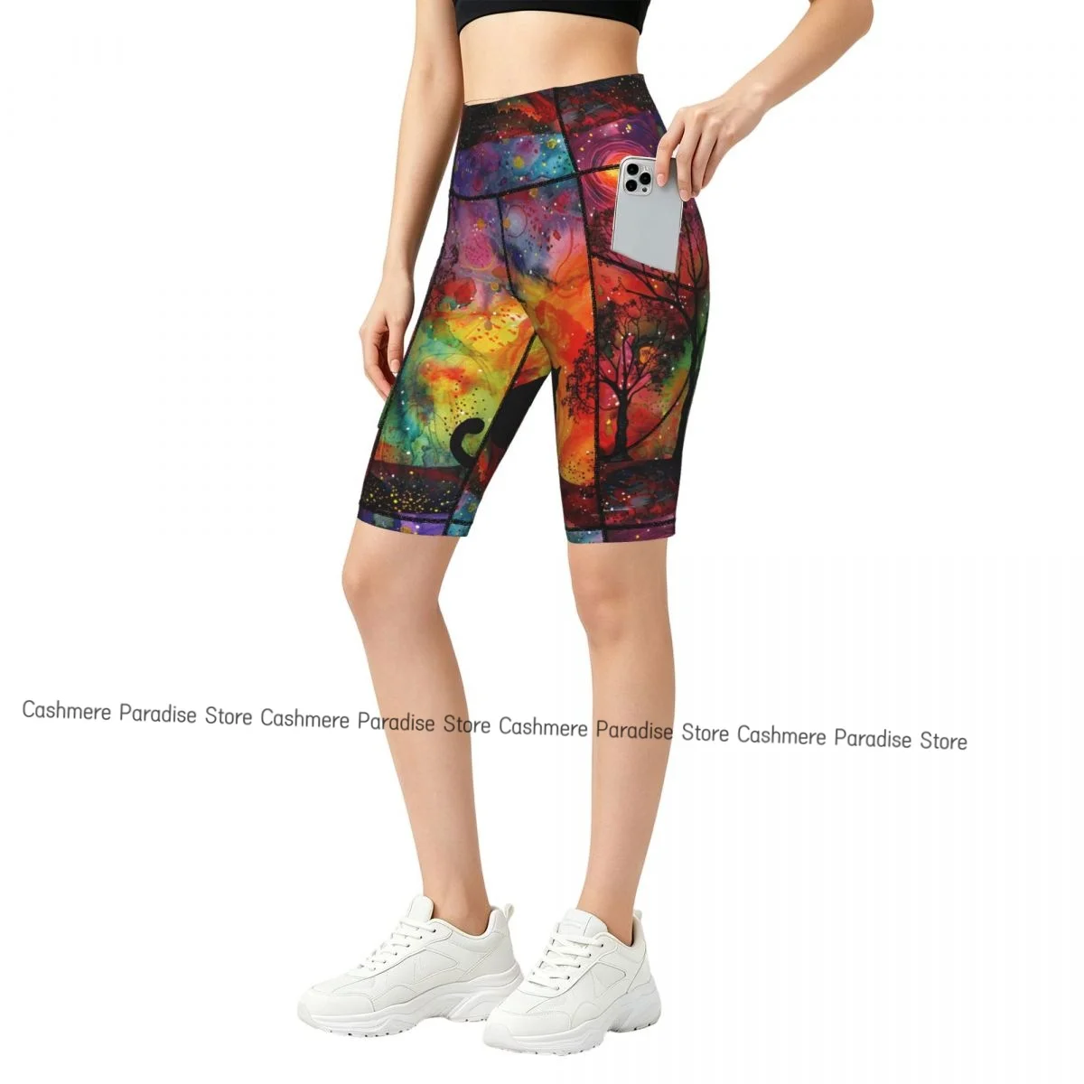 Double Pocket Sports Shorts Women Elastic Slim Cat Sitting   Shorts Gym Exercise Running High Waist Yoga Fitness Shorts