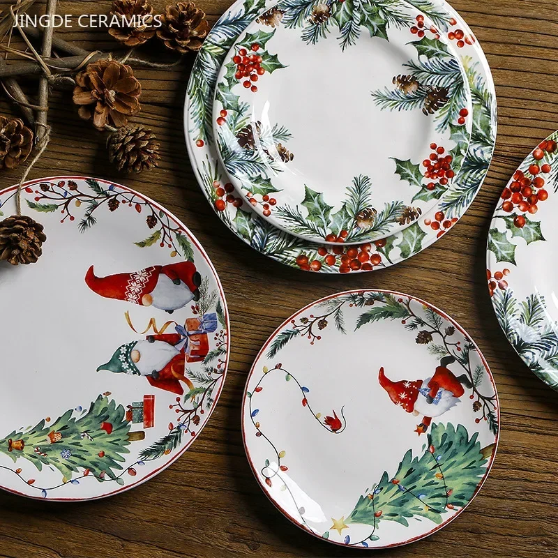 

American Ceramic Dinner Plate Creative Christmas Decoration Plate Healthy Underglaze Color Round Flat Dishes Home Dessert Plate