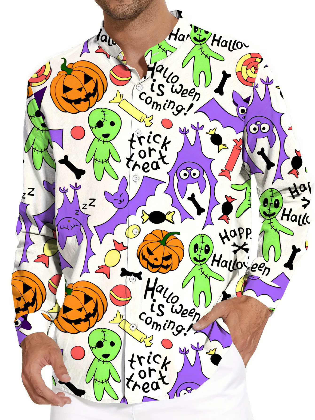 Men Long Sleeve Button Down Shirt White Halloween Alien Ghost Pumpkin Print Polyester Lapel Collar Party