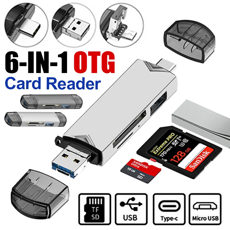 Multi Card Reader Tipo C Micro USB para U Disk, TF, SD, Memory Card Reading Adapter, Flash Drive, telefone, Laptop Acessório, USB 3.0, 6 em 1