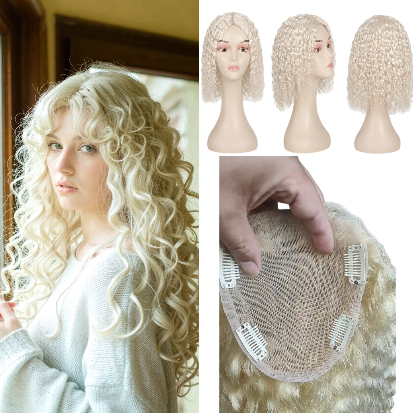 Women Topper Human Remy Hair Wig Swiss Lace 13x14cm 12inch Water Wave Hand-Tied Color #1B P4-613 Wholesale Ship