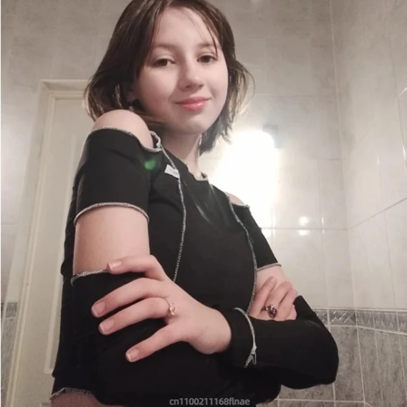 أنثى الشارع ملابس رقص أعلى قصيرة شبكة سوداء قاعدة قميص طويل الأكمام أعلى جوفاء خارج قبالة الكتف تي شيرت للنساء