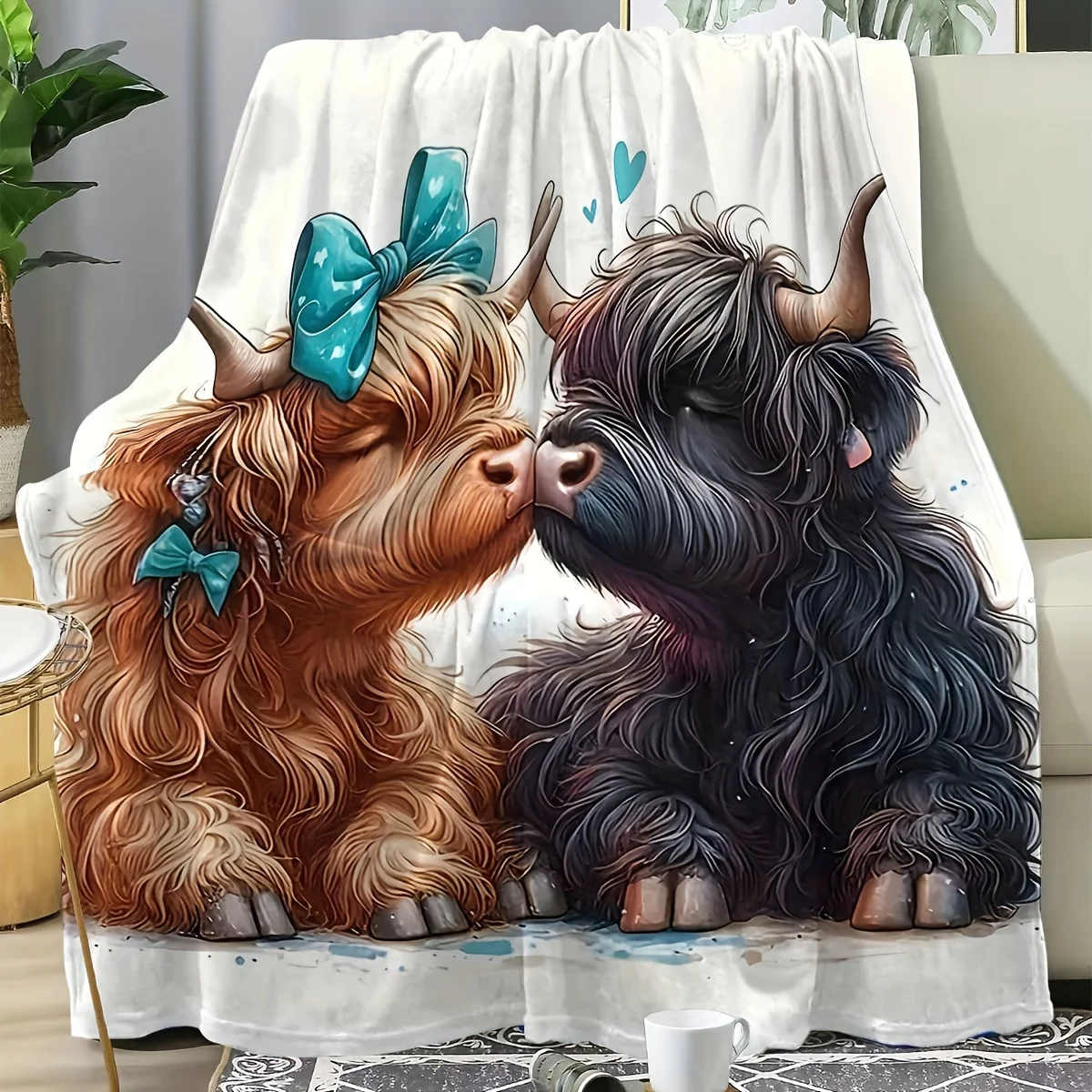

Highland Cows Print Flannel Blanket Soft Warm and Cozy Multi-Purpose Throw for Office Camping Travel or Home Use All-Season Gift