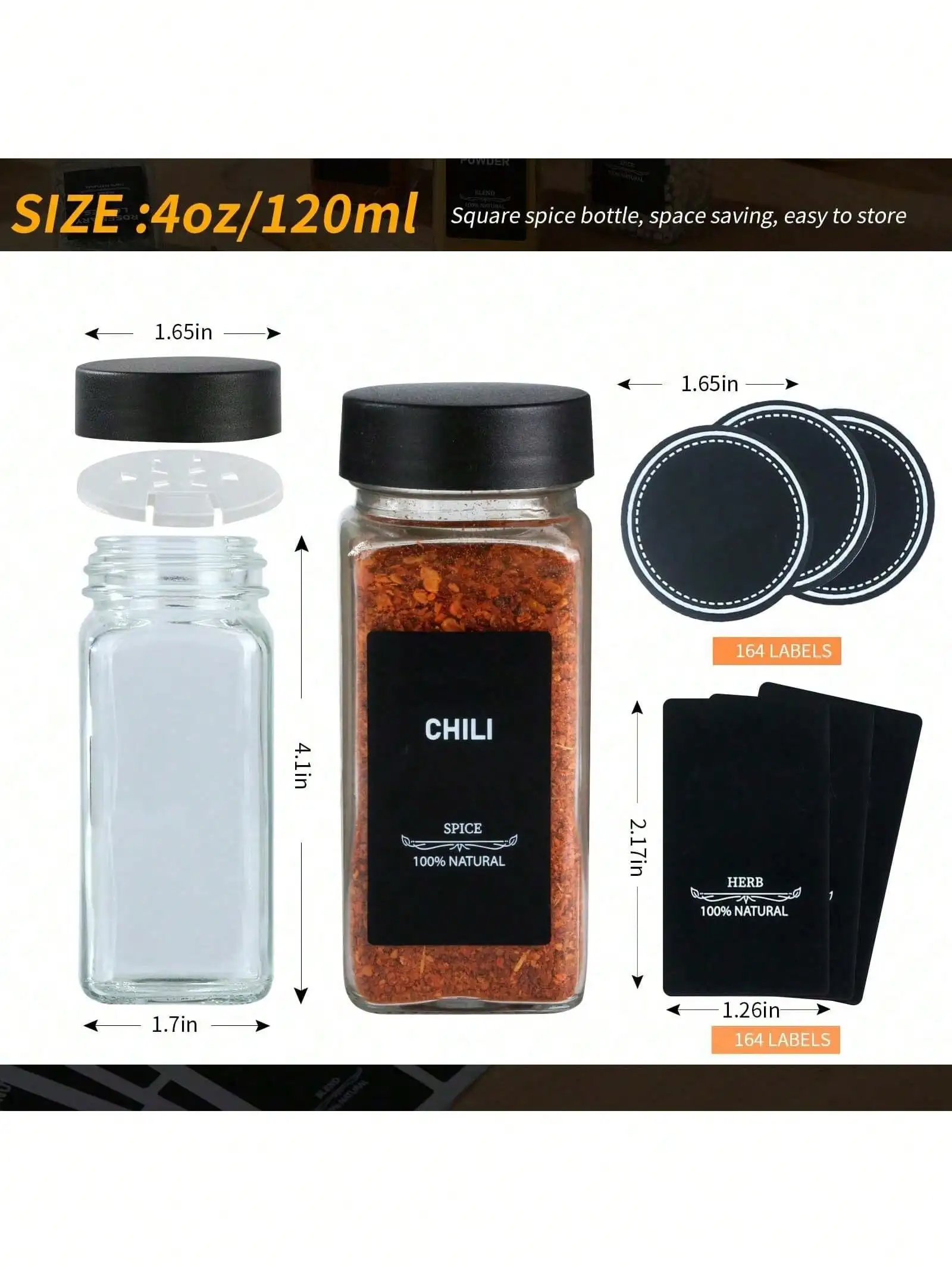 12 قطعة برطمانات توابل زجاجية سعة 4 أونصة مع أغطية/قمع سوداء - أغطية وملصقات شاكر، منظمة مخزن المطبخ