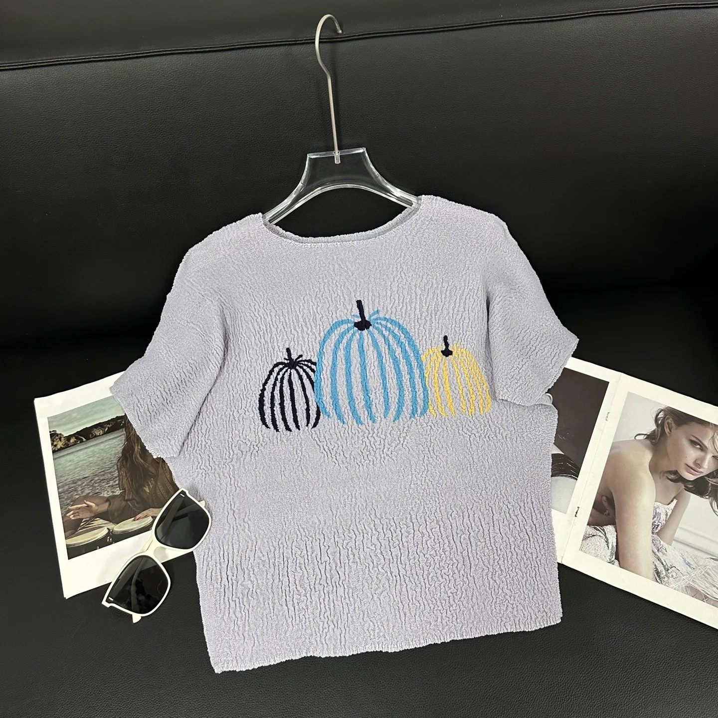 Miyake Ruffled Printed Top 2025 여름 새로운 패션 야생 느슨한 얇은 호박 자수 달콤한 티셔츠