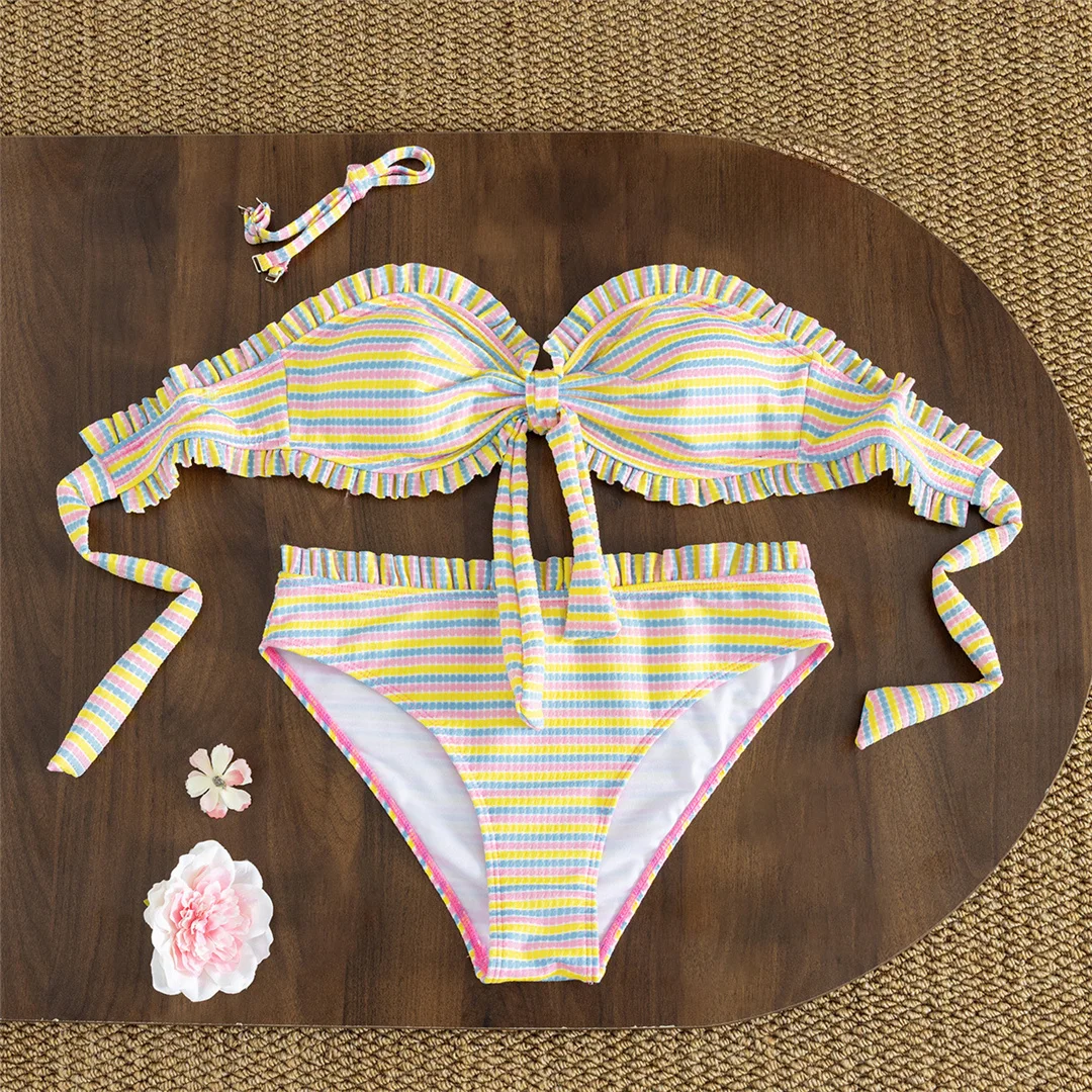 S - XL Gestreifter, plissierter, geraffter, geknoteter Bikini, Damen-Badebekleidung, zweiteiliger Bikini, Badeanzug, Badebekleidung, Schwimmanzug V8509 – Detail 5