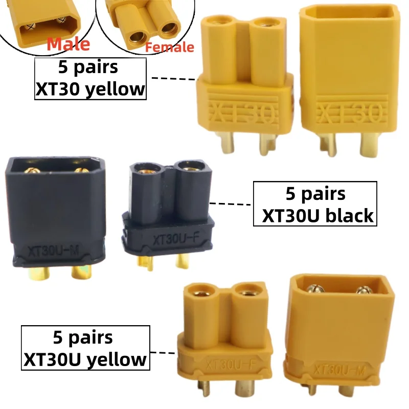 5 Pairs  XT30 XT30U Plug Male Female Bullet Connector XT30U-F XT30U-M for RC Lipo Battery Quadcopter Multicopter Aircraft Parts