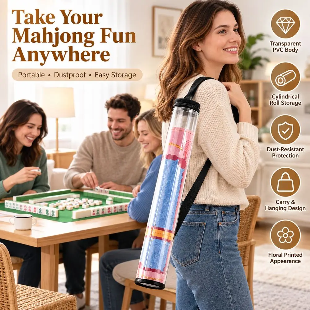 PVC Mahjong Mat Case Dustproof Transparent Mahjong Mat Holder Hanging Loop Carry Handle Mahjong Mat Storage Tube