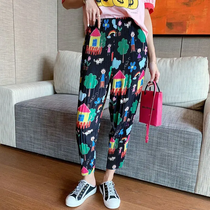 Trendy Korean Summer Trousers Women's Elastic High Waist Printed Ruched Pockets Loose Straight Quick Drying Commute Haren Pants