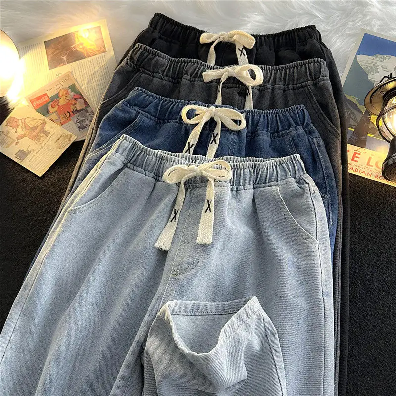 

Men's Dstring Elastic Waist Loose Fit Jeans Spring Autumn New Sle Non-matching Leg High Waist Pants Retro Straight Leg