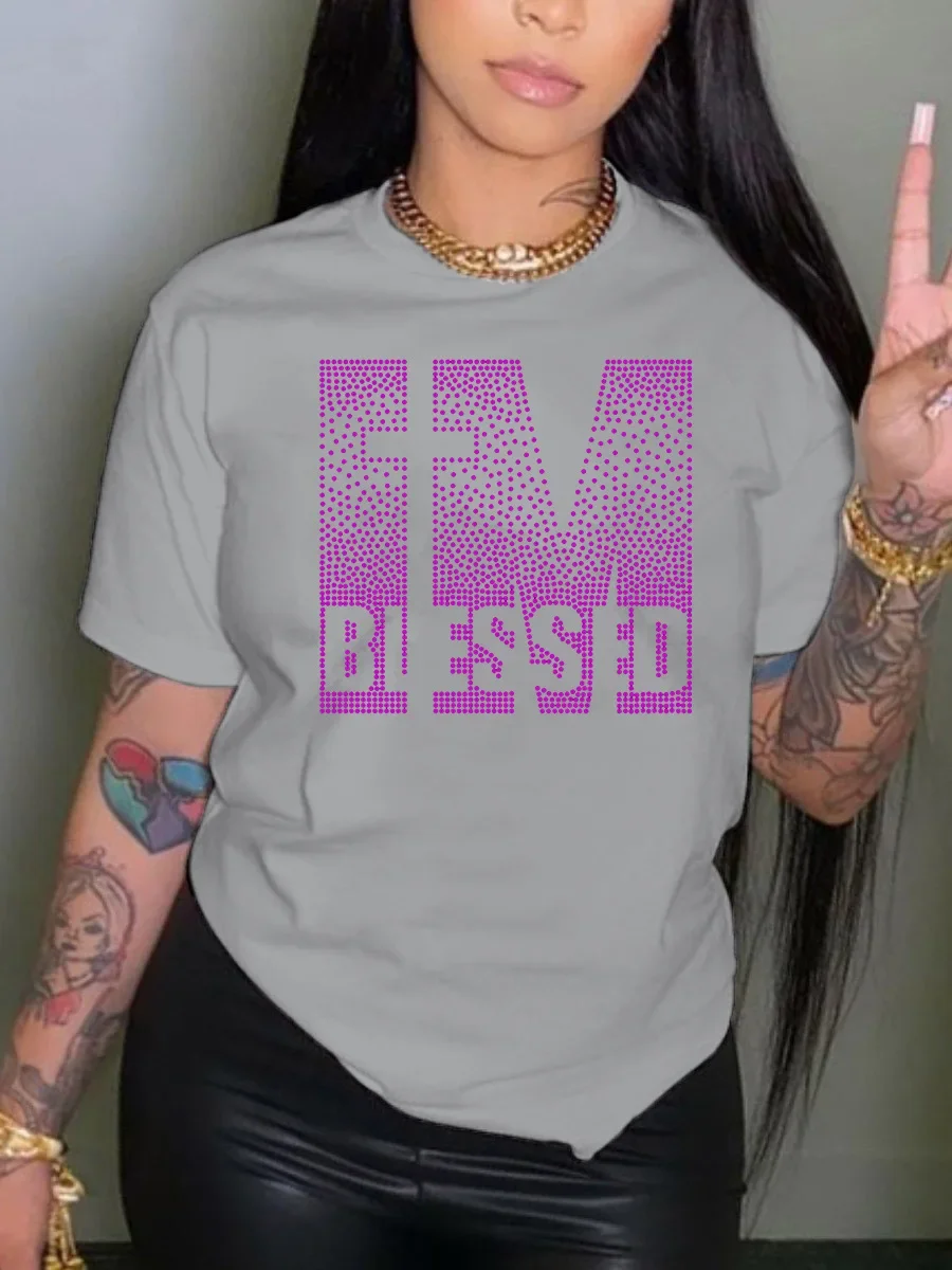 Women's Plus Size T-shirt Summer Round Neck Short Sleeve Printed Letters IM Hot Diamond Tops Fashion Casual Plus Size Feminino